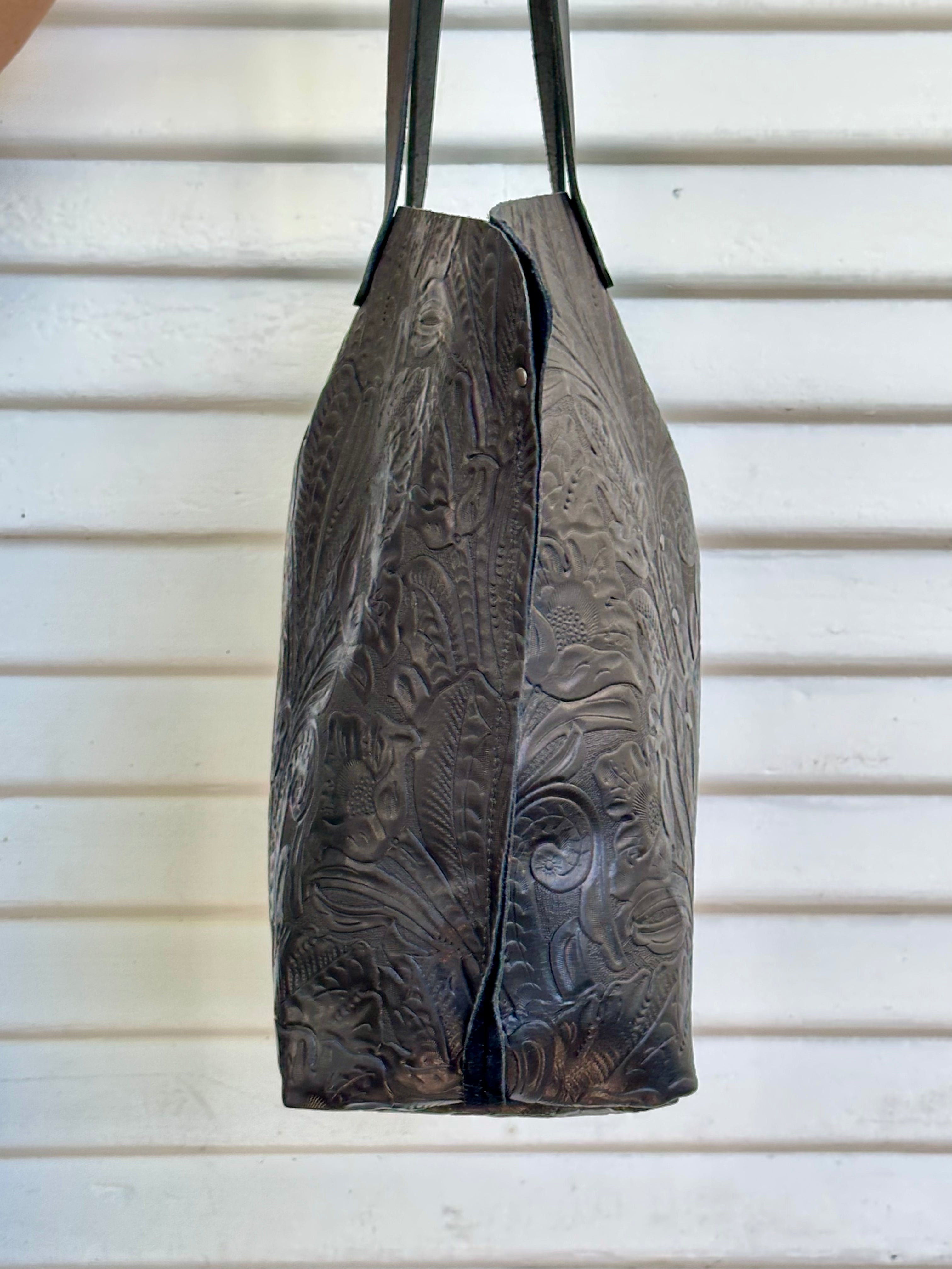 Tote, Embossed Black Leather